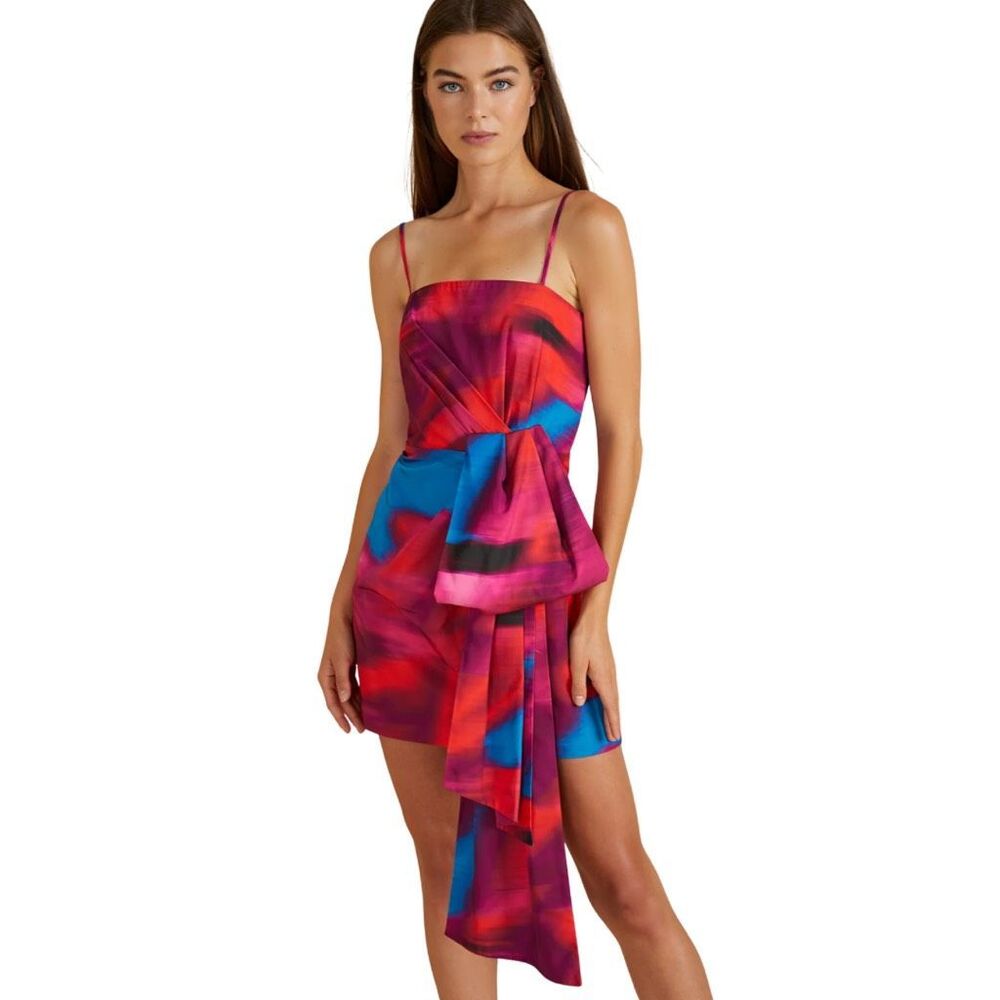⁠NWT AMUR Abstract Print Asymmetrical Bow Mini Dress Spaghetti Strap Pink 10